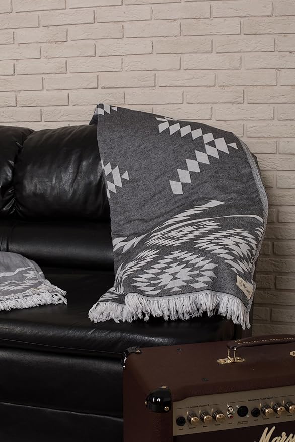 Bersuse 100% Cotton Teotihuacan XL Throw Blanket Turkish Towel Beach Blanket - Beach Camping Essentials - 75x90 Inches, Black