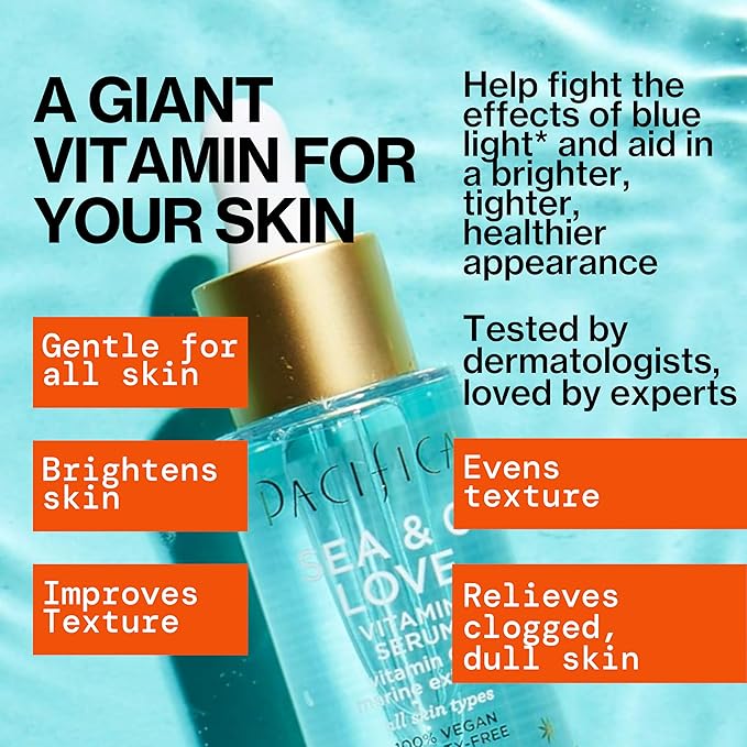Pacifica Beauty Sea & C Love Vitamin C Serum for Face – Brightening & Anti-Aging Formula with Hyaluronic Acid, Green Tea & Algae – Blue Light Protection – Fades Dark Spots & Fine Lines – 1 Fl Oz