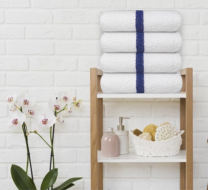 Avalon Towels 100% Cotton Pool Towels White Beach Towels Blue Stripe Pack of 12 (22x44 Inches) - Quick Drying, Highly Absorbent & Lightweight for Commercial Use for Hotels, Motels, Beaches & Poolside