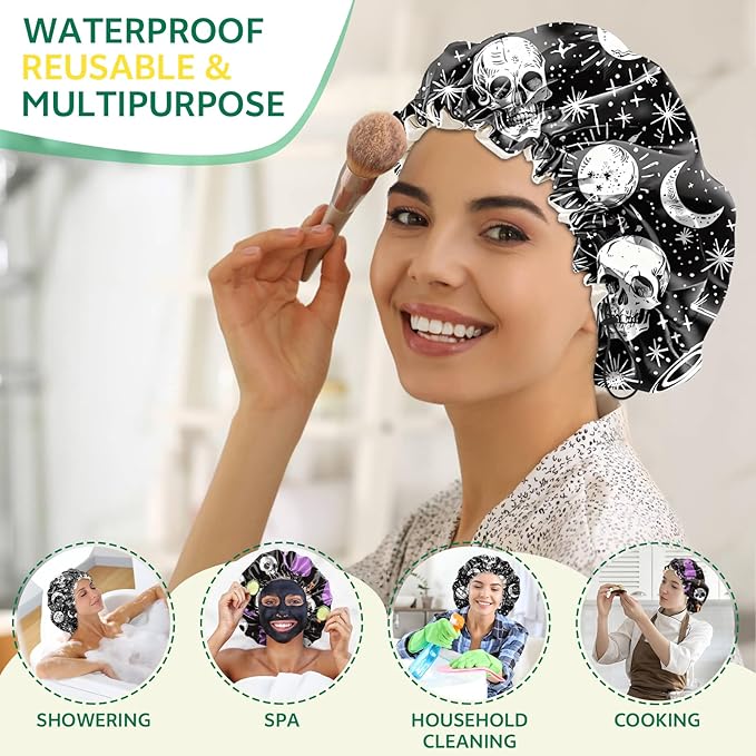 2 PCS Shower Cap Waterproof Double Layer Elastic Adjustable Reusable Hair Bath Caps for Girls Women Cute Aesthetic-Skull Cat