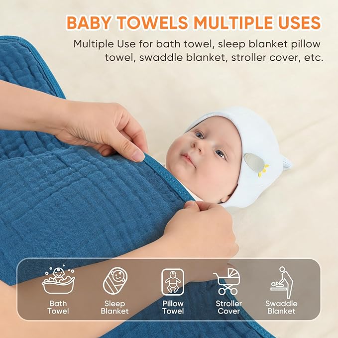 MIGIOL Muslin Baby Towels 100% Cotton ，Super Soft Muslin Baby Bath Towel - 32 x 32 Inches, Suitable for Newborn and Young Children up to 3 Years Old. (Light Blue & Dark Blue)