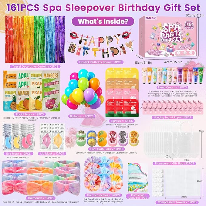 160 PCS Spa Party Supplies For Girls, Kids & Family, Include Face, Eye, Lip & Foot Care, Sleepover Birthday Party Favors With Banner, Balloons, Fringe Curtain, Spa Birthday Gift Set For 12 People