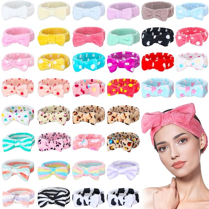 Yinder 40 Pack Bow Spa Headband Coral Fleece Makeup Headband Soft Face Wash Headbands Cosmetic Skin Care Headbands Facial Head Wraps Cute Bow Head Bands for Women Girls Shower Supplies(Various Style)