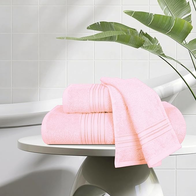 BOUTIQUO Ultra Soft 3 Pack Cotton Towel Set, Contains a Bath Towels 28x55 inch, a Hand Towels 16x24 inch & a Wash Coths 12x12 inch, Ideal Everyday use, Compact & Lightweight - Pink