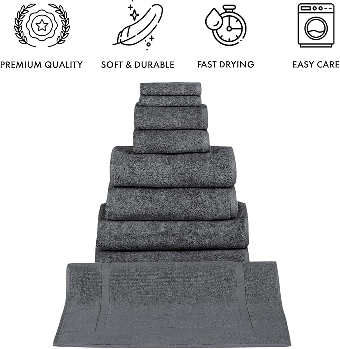 Classic Turkish Towels - Premium Cotton Quick-Dry 9 PC Bath Towel and Bath Mat Set - Soft, Lightweight, Bathroom Towels Made with 100% Turkish Cotton (Grey)