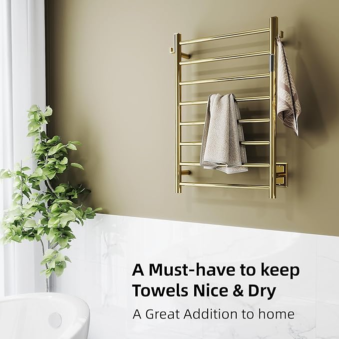 P&Dlusir Towel Warmer, Heated Towel Rack with Smart Timer and Thermo Control, Wall-Mounted Heated Towel Rail, Stainless Steel, Hard-Wired/Plug-in, Polished Gold, 8 bar