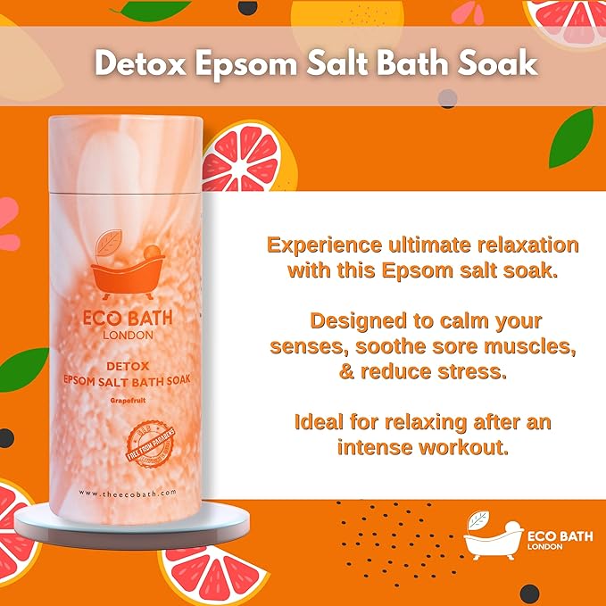 Eco Bath London Detox Epsom Salt Bath Soak – Tube 2.2 LB (1kg) | Made in UK | Magnesium Bath Salt with Grapefruit Essential Oil | Epsom Salts for Detox and Skin Care