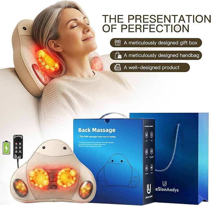 Back Massager with Heat, 4D Shiatsu Kneading Deep Tissue Electric Massager for Neck Shoulder Leg Back Pain Relief, Portable Rechargeable Cordless for Home Office Car, Gift for Men Women Mom Dad