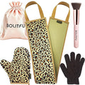 4 Pack Self Tanning Mitt Applicator Kit, with Self Tanner Mitt, Self Tan Back Applicator, Exfoliating Glove, Flat Top Face Tanner Brush, Tan mit for Self Sunless Tanner (leopard)