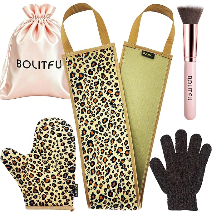 4 Pack Self Tanning Mitt Applicator Kit, with Self Tanner Mitt, Self Tan Back Applicator, Exfoliating Glove, Flat Top Face Tanner Brush, Tan mit for Self Sunless Tanner (leopard)