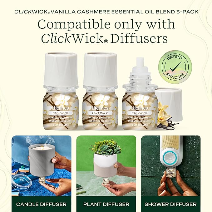 Lifelines ClickWick Essential Oil Blends for Lifelines Diffusers, 3-Pack Vanilla Cashmere Set – Essential Oil Blend Refill for Candle, Plant & Shower Aromatherapy Diffuser – Fragrance for Diffusers