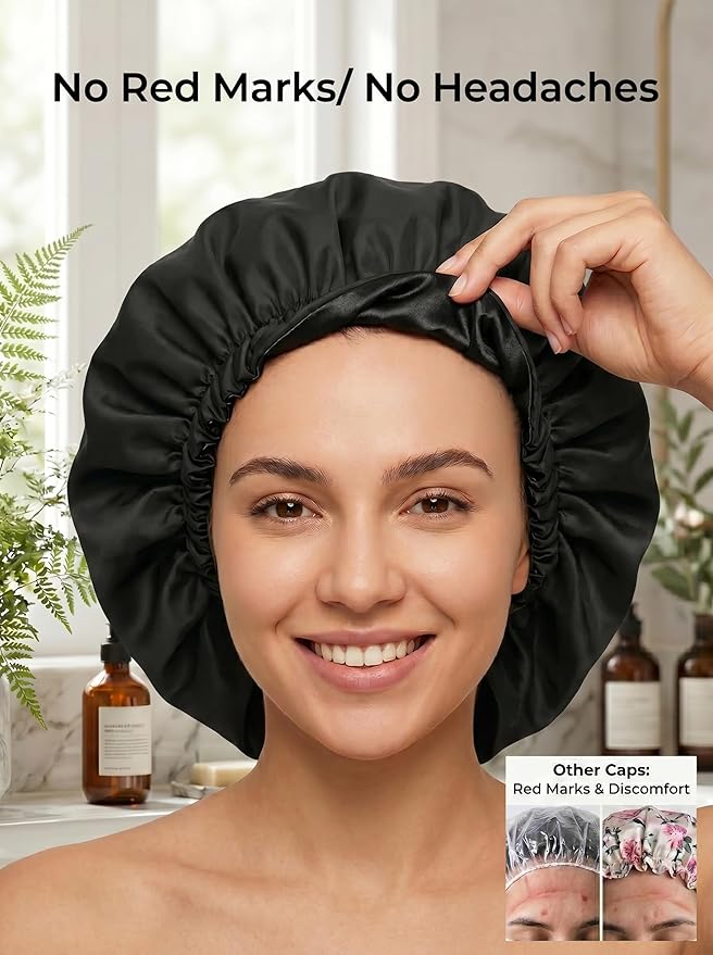 Aquior Shower Cap for Women, Extra Adjustable Shower Caps for Women Double-Layer Waterproof Reusable Hair Cap, Large Size Hair Cap for All Hair,for Girls Spa Bath,Soft and Comfortable (Back)
