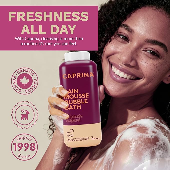 Caprina Fresh Goat’s Milk Bubble Bath, 1L, Hydrating Relaxing Foam Bath, Moisturizing and Gentle on Skin, Made in Canada (Original)