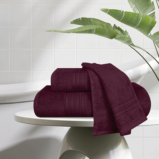 BOUTIQUO Ultra Soft 3 Pack Cotton Towel Set, Contains a Bath Towels 28x55 inch, a Hand Towels 16x24 inch & a Wash Coths 12x12 inch, Ideal Everyday use, Compact & Lightweight - Burgundy