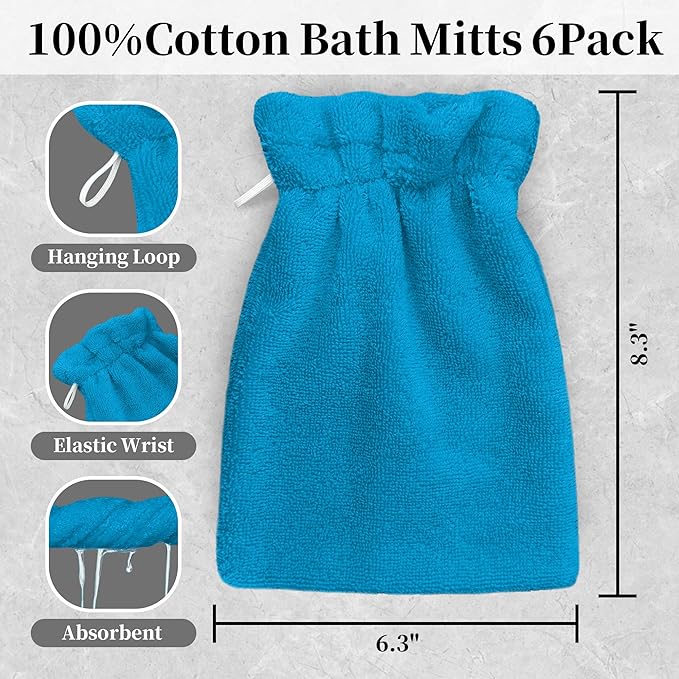 VOOVA & MOVAS Wash Mitts for Body 6-Pack, 100% Cotton Soft Absorbent Wash Cloths with Hanging Loop, 8.3x6.3 Inch European Style Wash Gloves for Shower & Spa, Sky Blue
