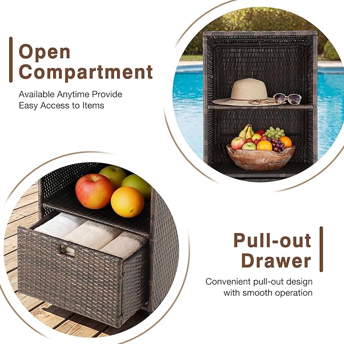 HOMREST Outdoor Pool Towel Rack with Storage Cabinet, Waterproof PE Rattan Wicker Poolside Towel Organizer with Shelves & Drawer, Rolling Wheels Towel Valet Caddy for Patio, Hot Tub, Spa,Brown