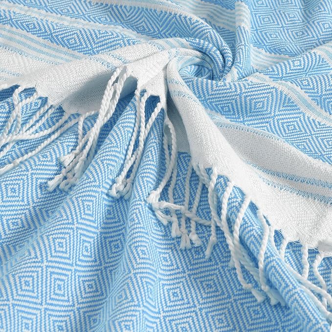 Genovega 6 Oversized Turkish Beach Bath Towel Set Bulk 74"x38" Extra Large Sand Free Quick Dry Swimming Camping Pool Clearance Towels Blanket Essentials Adult Multi LightBlue Rhombus