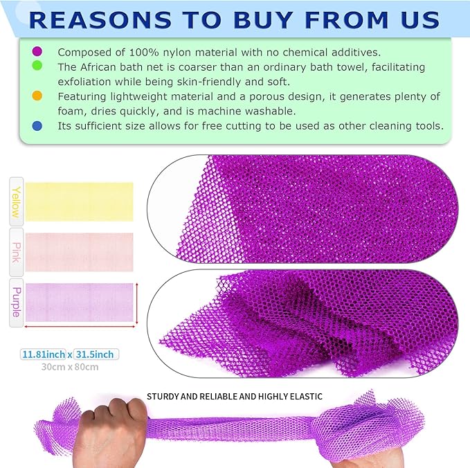 3 Pieces African Net Sponge – Premium African Net Sponge for Deep Exfoliation Quick-Dry and Reusable Mesh for Smooth Skin（Yellow, Pink, Purple）