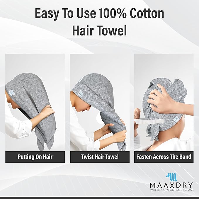 100% Cotton Large Hair Towel Wrap for Women, Men & Kids – Non-Microfiber 450 GSM Thick Super Absorbent Hair Towel 26x40 Inches, Secure Elastic Hair Wrap for Long & Curly Hair (Grey)