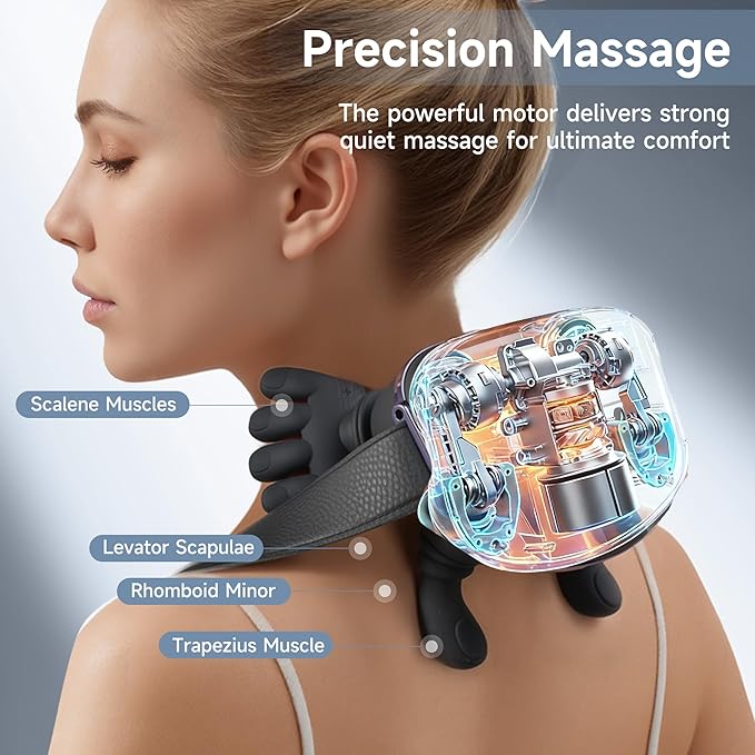 Neck Massager for Pain Relief with Deep Tissue Massage and Heat, Bionic Hand Neck and Shoulder Massager for Back Relaxation Home Office Travel