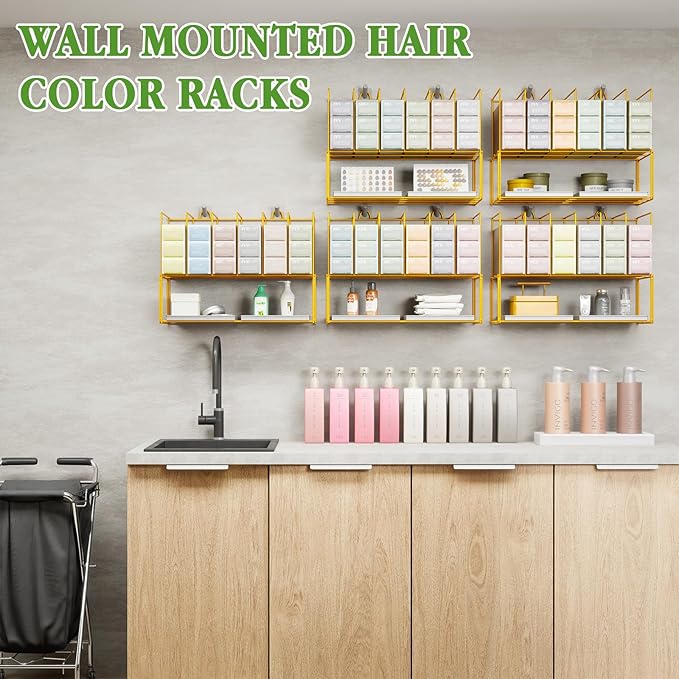 2 Pack Hair Color Organizer Hair Color Display Rack Wall Mounted Dye Storage Racks for Salon Storage Rack Hairs Dye Tube Storage Display Rack for Stylists Spa Beauty Home, Gold
