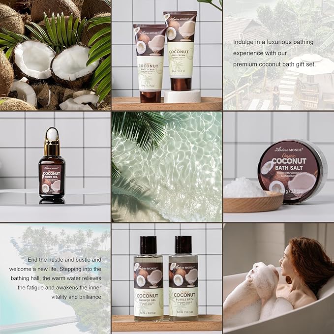 Spa Gift Basket for Women, Coconut Bath and Body Gift Basket with Shower Steamers, Scented Candle, Luxury Bath Gift Set for Mothers Day, Valentines Day, Birthday, Unisex Gift for Women, Men