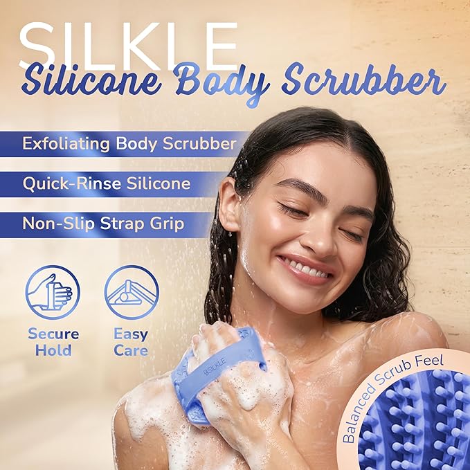SILKLE Silicone Body Scrubber – Gentle Exfoliating Shower Scrubber for Body & Bath, Silicone Shower Brush & Loofah Alternative – Non-Slip Silicone Body Brush, Quick Dry, Hygienic - Blue
