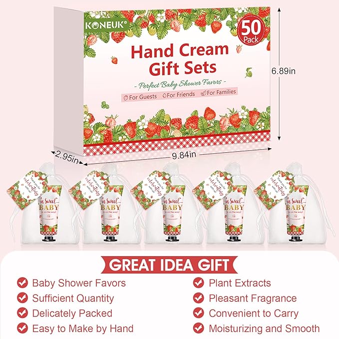 KONEUK 50 Pack Bulk Hand Cream Gifts Sets, Baby Shower Favors and Bridal Shower Favors for Guests with Thank You Card and Organza Gift Bags, Appreciation Gifts, Wedding Party Favors (Strawberry)