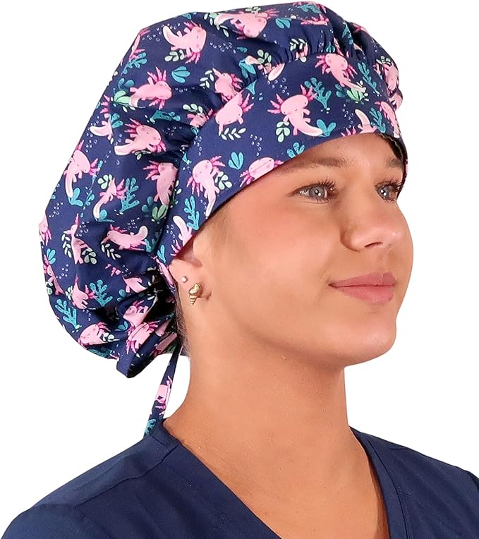 Sparkling EARTH Banded Bouffant Surgical Scrub Ponytail Working Caps and Built-in Sweatband - 100% Cotton - Made in The USA