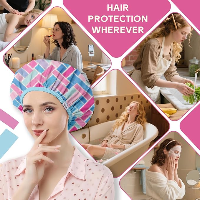 Years calm Waterproof Shower Cap for Women - Double-Layer Reusable Bath Cap with Elastic Band for Long/Short/Curly/Braids Hair, Washable & Travel-Friendly, Fit for Shower, Spa (Lattice Shower Cap)