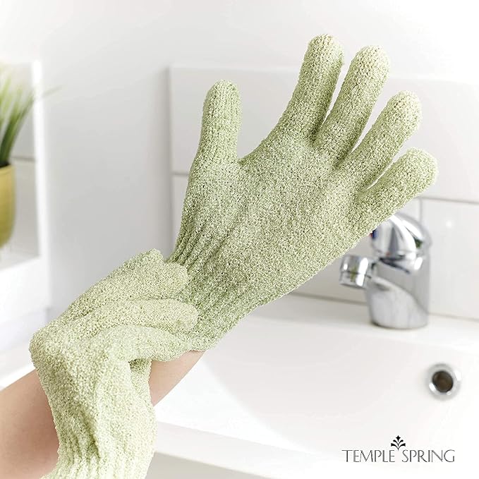 Temple Spring Shower Gloves Exfoliating for Women – Natural Textured Rayon Bamboo Exfoliating Glove with Thicker Weave for Deep Cleansing, Dead Skin Removal & Smooth Radiant Skin (1 Pair, Sage Green)