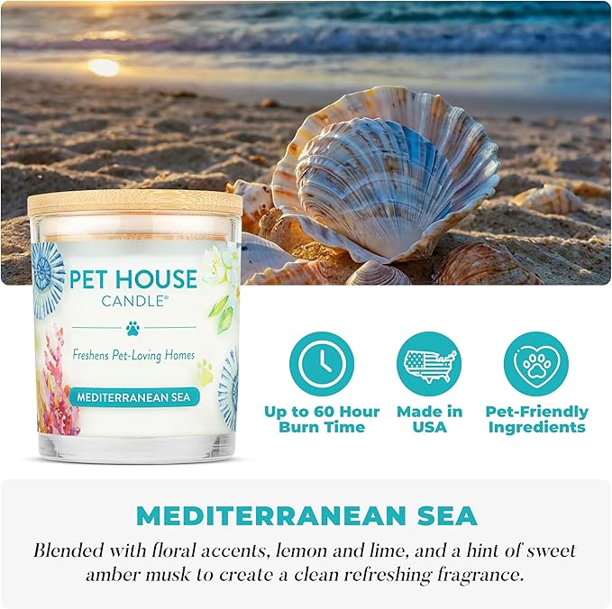 Pet House Candles, Plant-Based, Clean Burning, Long Lasting Pet Friendly Candles for Home - Mediterranean Sea, 2 Pack