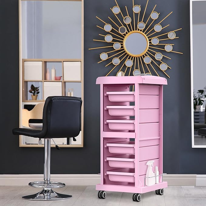TASALON Salon Trolley - Space Saving Rolling Cart for Extra Storage - 6-Tray Multipurpose Salon Cart - Tattoo Tray - Pink