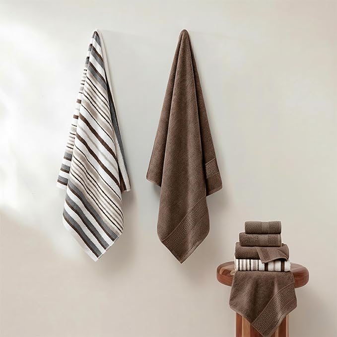 Modern Threads Pax 6-Piece Reversible Yarn Dyed Jacquard Towel Set - Bath Towels, Hand Towels, & Washcloths - Super Absorbent & Quick Dry - 100% Combed Cotton, Khaki
