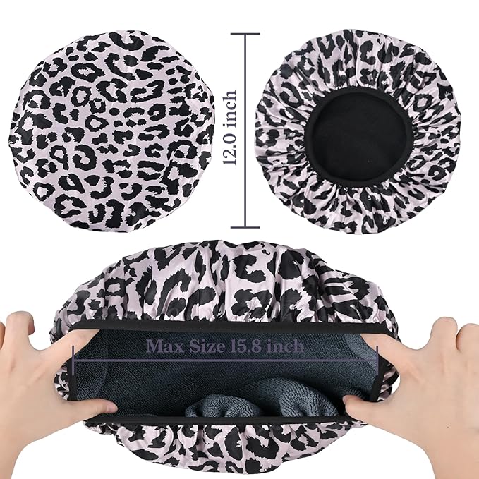 Pink Leopard Print Satin Shower Cap, Three-Layer Terry Cloth Lined, with Silk Hair Ties, Microfiber Waterproof Reusable Large Size Shower Cap for Women Long Thick Hair