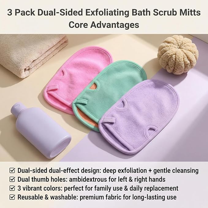 Erioctry 3PCS Reusable Bathing Shower Mittens Soft Back Rubbing Gloves Exfoliating Body Wash Massage Spa Mitt for Adult and Kids Family (Color Random)