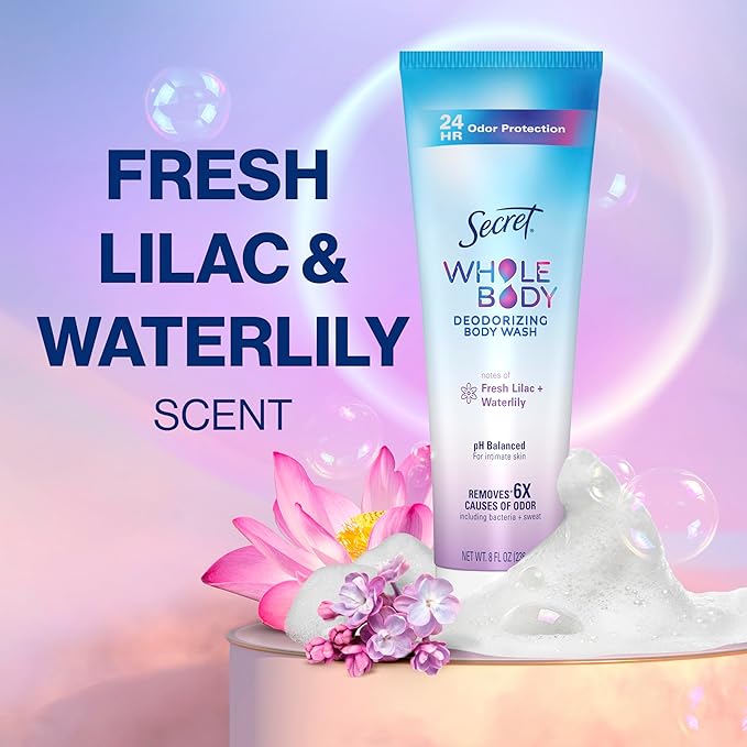 Secret Feminine Wash, 24 HR Deodorizing Feminine Body Wash for Women, Removes 6x Causes of Odor, PH Balanced, Safe to Use Everywhere, Lilac & Waterlily Scent, 8.0 Fl Oz