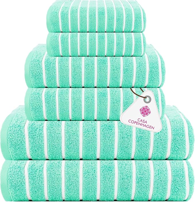 CASA COPENHAGEN Ecstatic 6Pcs 100% Egyptian Cotton Large Designer Towels Gift Set- Peacock Blue, 600GSM, 2Bath 2Hand 2Washcloths, Bath Towels for Bathroom Set for Women & Men
