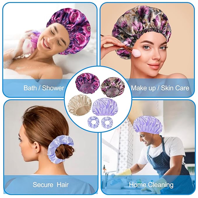 Shower Cap for Women Set of 4, Bath Caps, Double Layers Hair Caps + 4 Satin Hair Scrunchies, Reusable Waterproof Shower Caps, Elastic Hair Cap for Shower - Pattern C