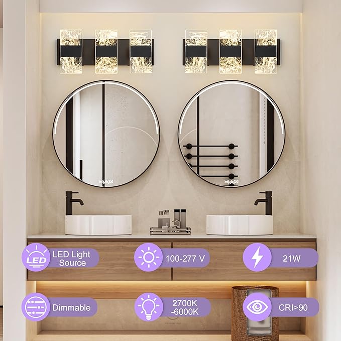 Modern LED Bathroom Light Fixtures Dimmable 3-Light Black Vanity Light, 5CCT Adjustable Lighting Fixture Vanity Lights Over Mirror, Smoked Acrylic LED Vanity Lights for Bathroom