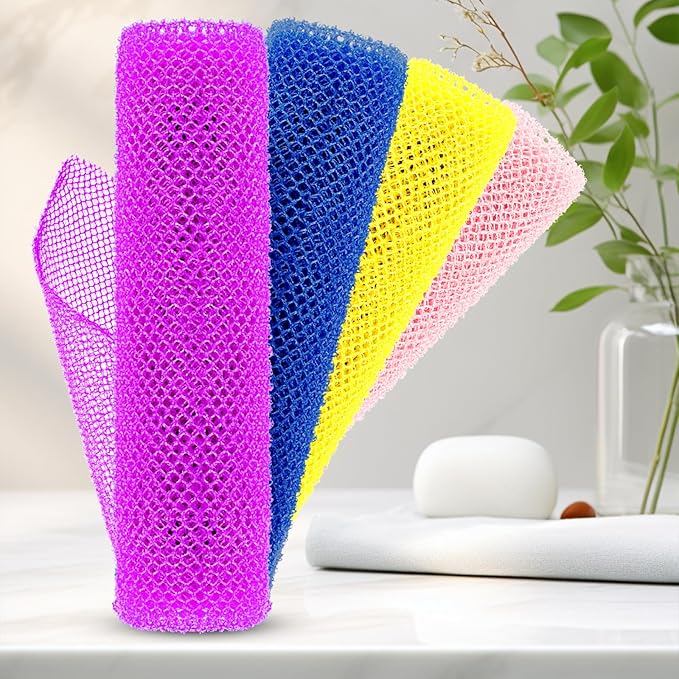 4 Pieces African Net Sponge Authentic Shower loofah exfoliating Body Scrubber Face Washcloth for Cleansing & Gentle Daily Exfoliation Travel wash Cloth Easy to Reach Your Back