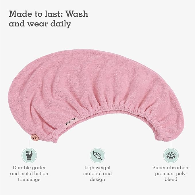 Brook + Bay Microfiber Hair Towel Wrap - Quick Dry Microfiber Towel for Hair - Anti-Frizz Plopping Turban - Machine Washable - Pink
