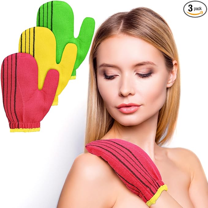 3 Pieces Korean Exfoliating Mitt Exfoliating Washcloth Korean Body Scrub Mitt Italy Face Shower Cloth Asian Bath Massage Mitts for Women and Men Wash Skin Deep Cleaning, Red, Green, Yellow