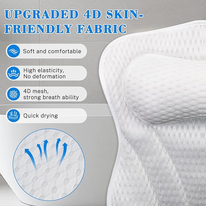 Bath Pillow Bathtub Pillow, Extra Soft & Comfortable Bath Pillows for Tub Head Neck and Back Support, with 4D Air Mesh Cushions & Non-Slip Suction Cups,Fits All Bathtub