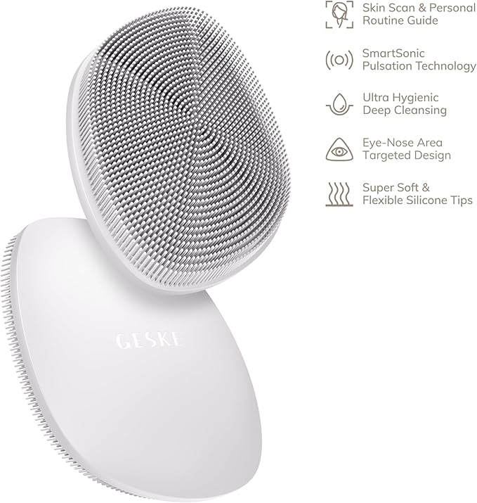 GESKE SmartAppGuided™ Facial Brush | 4 in 1 | Professional Facial Cleansing Brush | Skin Cleansing Silicone Facial Brush | Routine Skincare | Gentle Cleansing | Facial Cleanser