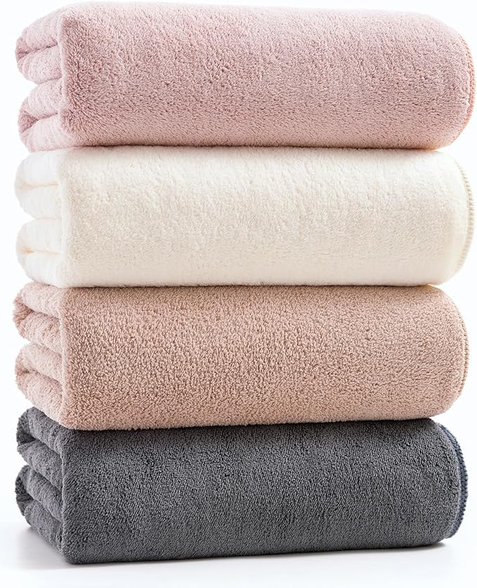 sakano Quick-Drying Microfiber Towel Set - 4-Piece Mixed Color Bath Towel Set, Highly Absorbent, Lint Free Design for Bath, Beach, and Gym -Pink+White+Khaki+Dark Gray, 28 x 55 inches