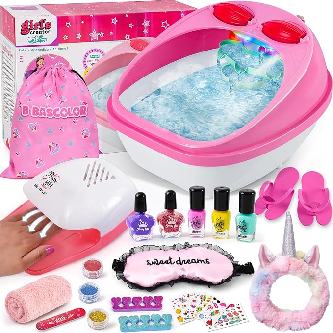 Kids Foot Spa & Nail Kit Set, Kids Spa Day Kit for Girls, Massage Foot Soak Tub and Nail Dryer, Toys Manicure Pedicure Art Salon Girl Gift for 5 6 7 8-12, Christmas Birthday Gifts