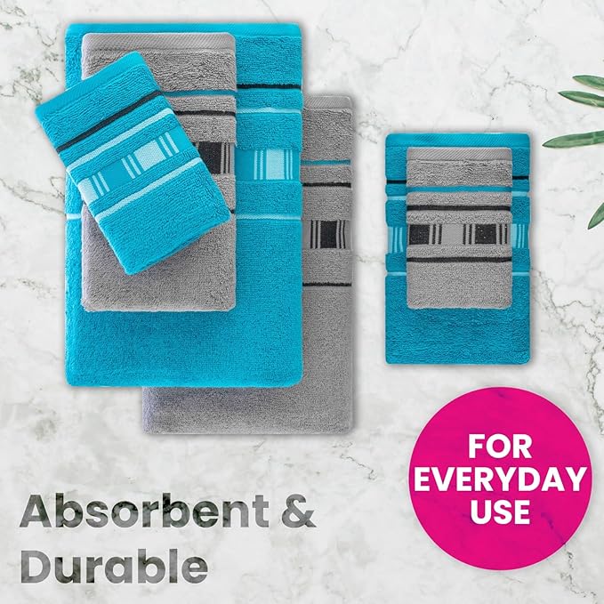 CASA COPENHAGEN X Line 6Pcs 100% Egyptian Cotton Large Designer Towels Gift Set- Grey - Teal, 600 GSM, 2Bath 2Hand 2Washcloths, Bath Towels for Bathroom Set for Women & Men