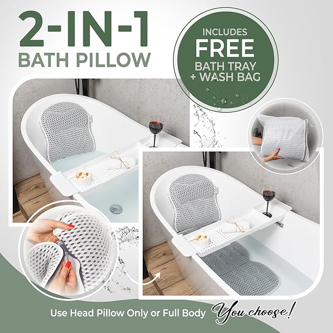Full Body Bath Pillow for Tub with Free Bath Tray & Wash Bag – 2-in-1 Design | 5D Air Mesh, Detachable Headrest, Non-Slip Suction Cups, Machine Washable