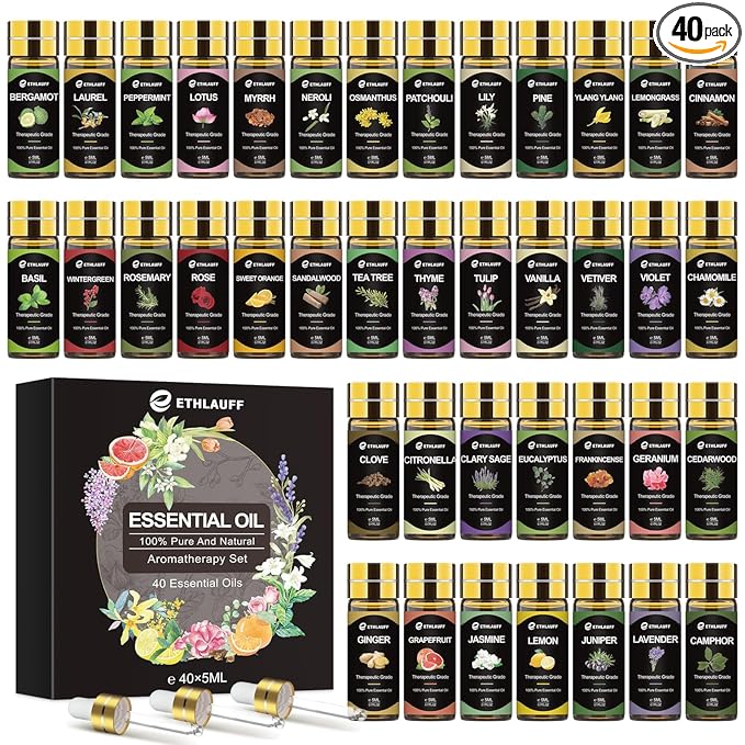 Essential Oils Set 40 Pcs, Perfect for Diffuser, Humidifier, Massage, Soap, Candle Bath Bombs Making, 40 * 5ML(0.17oz) - Gift for Aromatherapy Lover